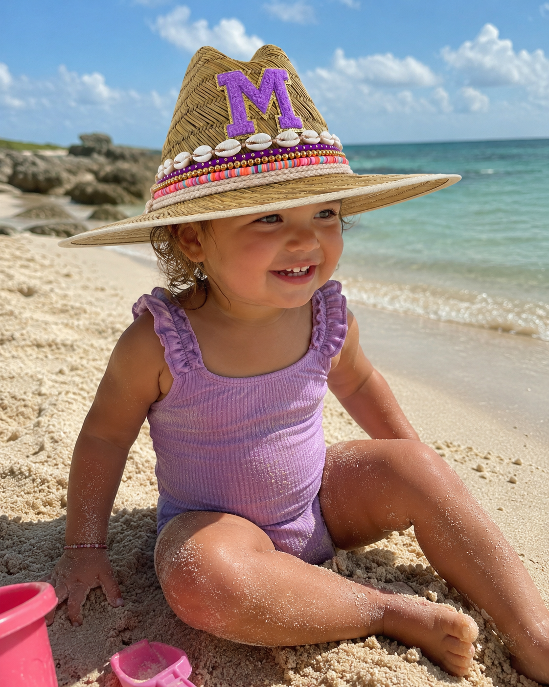 Personalized Straw Youth Baby Sun Hat with Initial Custom Kids Beaded Beach Lifeguard Hat with Chenille Letter Patch and Shells Birthday Gift for Toddler