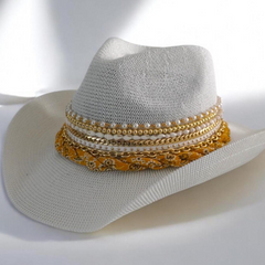 Coastal Cowgirl Hat Western Fashion Country Concert Outfit Festival Outfit Beach Jeweled Custom Hat Gold Chain bandana hat line dancing hat