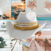 Coastal Cowgirl Hat Western Fashion Country Concert Outfit Festival Outfit Beach Jeweled Custom Hat Gold Chain bandana hat line dancing hat