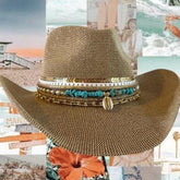Coastal Cowgirl Summer Straw Beach hat Jeweled Cowboy hat Island Lux Cowgirl hat Custom Shell Turquoise Resort Wear Style Vacation Accessory