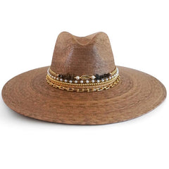 Luxe Wanderer Wide Brim Palm Panama Hat - Jeweled Resort Vacation Hat
