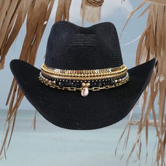 Luxury Black Straw Western Hat Coastal Cowgirl Glam Jeweled Hat Gold & Shell Designer Beaded Beach Hat for Upscale Vacations Festivals
