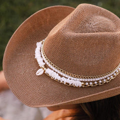 Tan Coastal Cowgirl Jeweled hat Island Luxe Glamourous Shell Beach Vacation Resort wear Bachelorette Chic Tropical Vacation Yacht hat