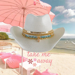 Luxury White Cowgirl Beach hat Island Western Hat Shells Gold Jewelry Coastal Cowgirl Straw Hat Boho Summer Accessory Handmade Resortwear