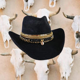 Luxury Black Straw Western Hat Coastal Cowgirl Glam Jeweled Hat Gold & Shell Designer Beaded Beach Hat for Upscale Vacations Festivals