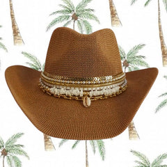 Tan Coastal Cowgirl Jeweled hat Island Luxe Glamourous Shell Beach Vacation Resort wear Bachelorette Chic Tropical Vacation Yacht hat