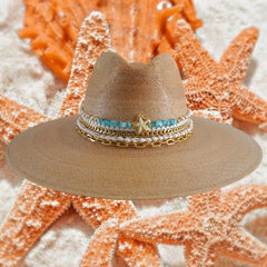 Luxe Wanderer Wide Brim Palm Panama Hat - Jeweled Resort Vacation Hat