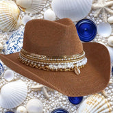 Tan Coastal Cowgirl Jeweled hat Island Luxe Glamourous Shell Beach Vacation Resort wear Bachelorette Chic Tropical Vacation Yacht hat