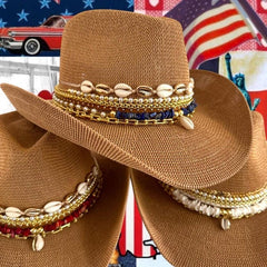 Beach hat Jeweled Cowboy hat Island Lux Coastal Cowgirl Summer Straw Cowgirl hat Custom Shell Resort Wear Tropical Vacation Accessory Glam