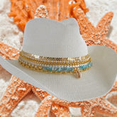 Luxury White Cowgirl Beach hat Island Western Hat Shells Gold Jewelry Coastal Cowgirl Straw Hat Boho Summer Accessory Handmade Resortwear