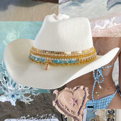 Luxury White Cowgirl Beach hat Island Western Hat Shells Gold Jewelry Coastal Cowgirl Straw Hat Boho Summer Accessory Handmade Resortwear