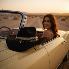 Luxury Black Straw Western Hat Coastal Cowgirl Glam Jeweled Hat Gold & Shell Designer Beaded Beach Hat for Upscale Vacations Festivals