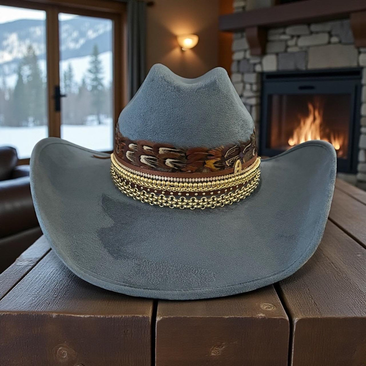 Blue cowboy hat by Sunkissed by Chrissy with 18k gold jeweled accents, perfect for country concerts and western-themed occasions.
