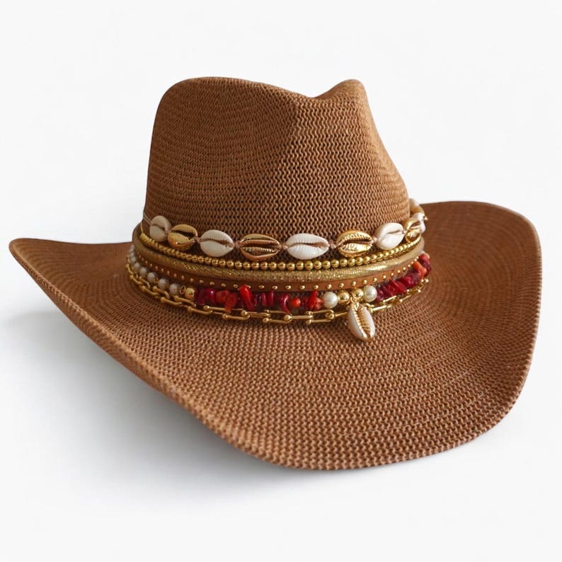 Sunkissed by Chrissy jeweled cowboy beach hat with straw brim, perfect for tropical vacations and summer resort wear.