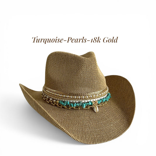 Sunkissed by Chrissy coastal cowgirl straw beach hat with jeweled cowboy style, turquoise accents, perfect for summer resort wear.