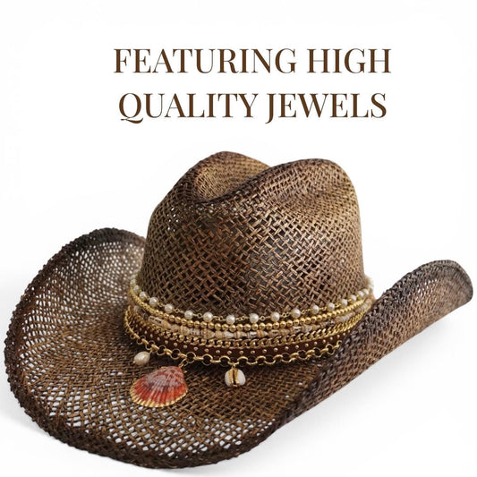 Brown Sunkissed by Chrissy straw cowboy hat with beaded coastal seashell charm, perfect for summer festivals and beach vacations.