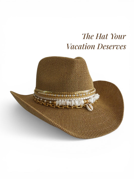 Tan Coastal Cowgirl hat by Sunkissed by Chrissy featuring jeweled embellishments, perfect for beach, resort, or tropical vacation wear.