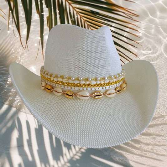 White Coastal cowgirl custom hat by Sunkissed by Chrissy with jeweled details, perfect for beach vacations and bachelorette resort wear.