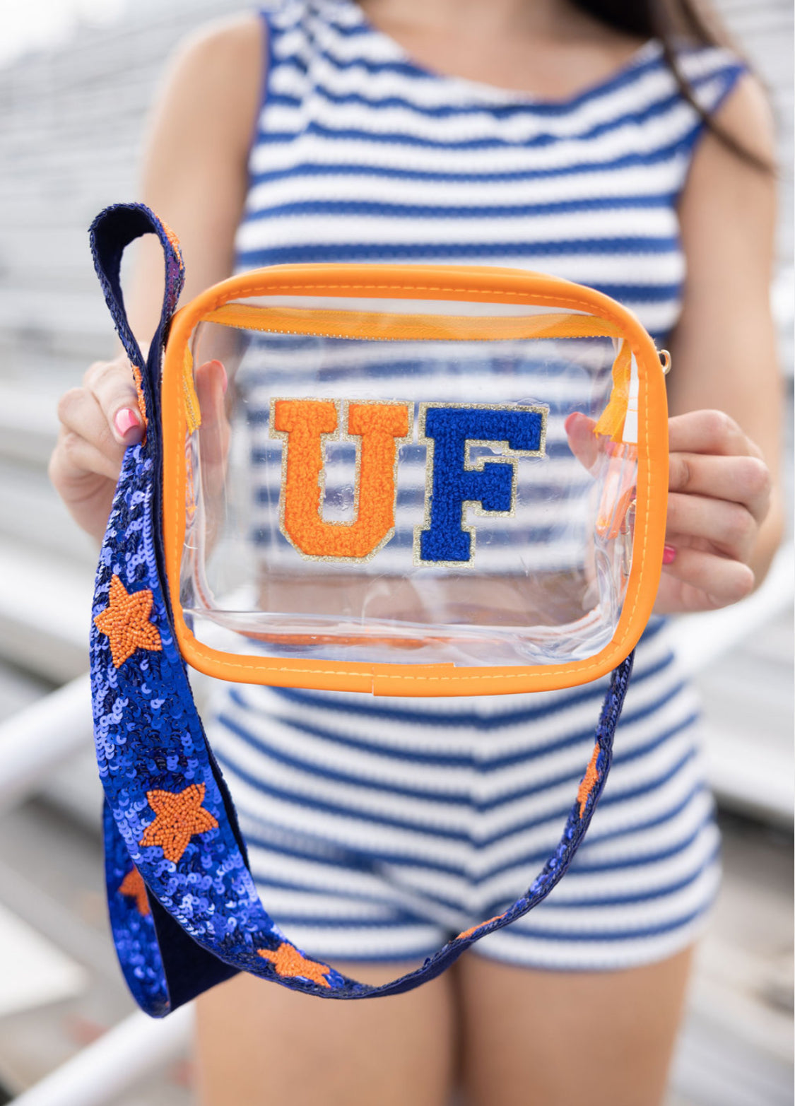 Clear stadium bag featuring UF Gators logo and Chomp Strap by Sunkissed by Chrissy, designed for game day at University of Florida.
