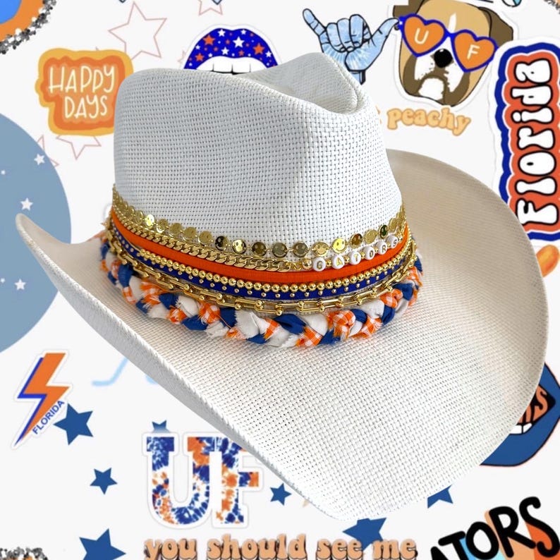Orange and blue UF Gators cowgirl hat by Sunkissed by Chrissy, featuring Gators logo, perfect for game day or alumni gifts.