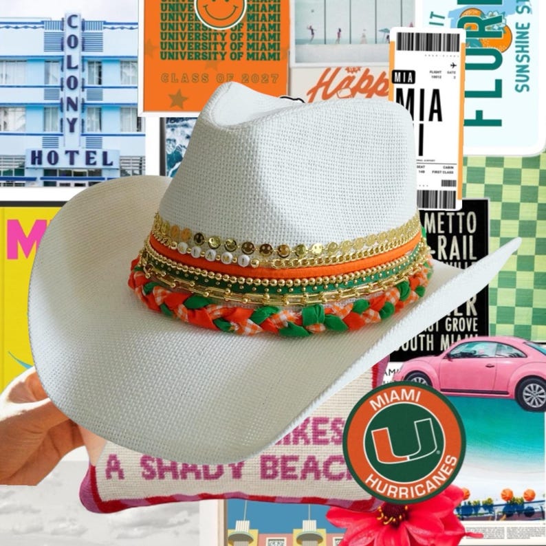 University of Miami UM Hurricanes cowboy hat in orange and green, western style, perfect for game day and alumni celebrations.