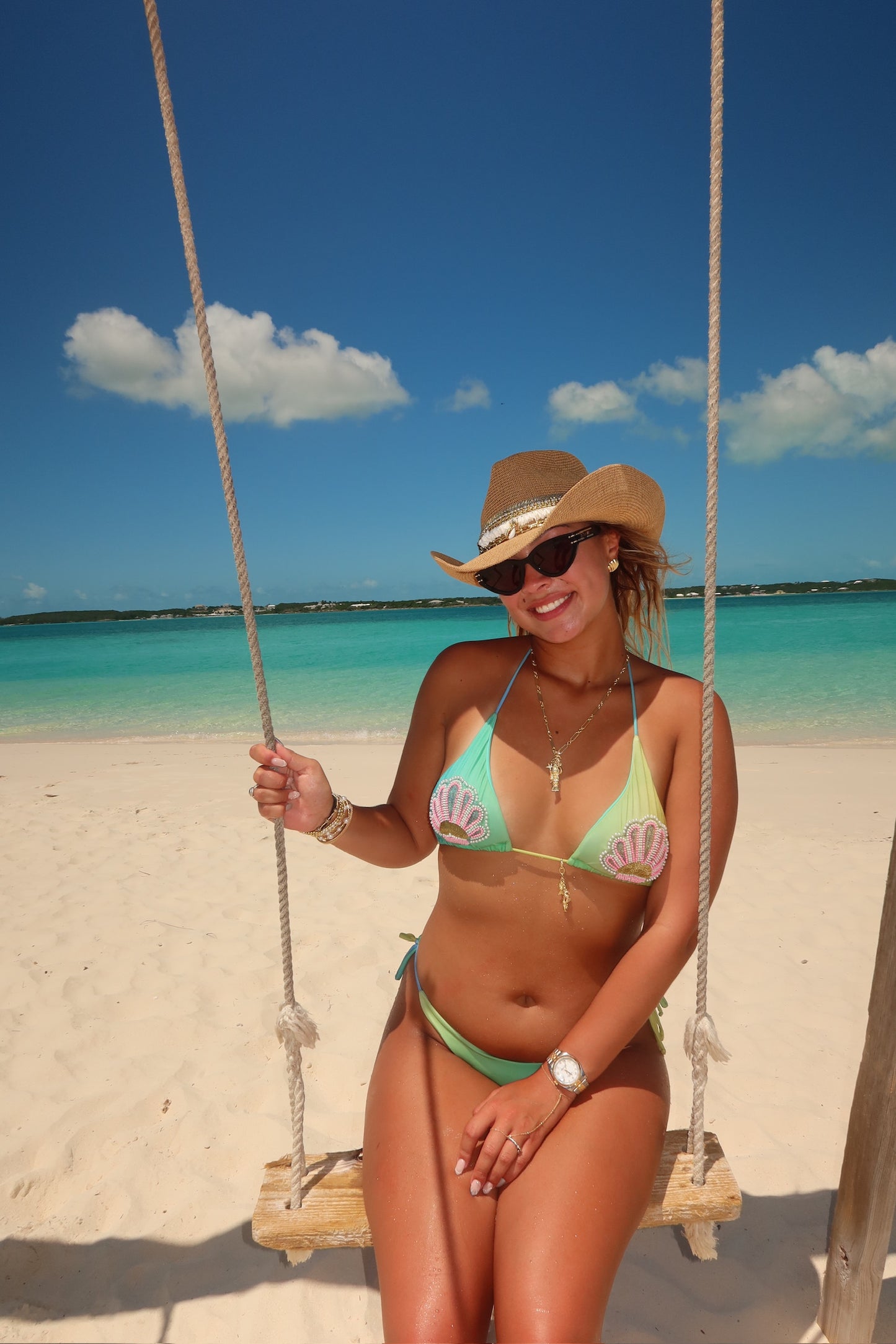 Beaded Cowboy hat Island Luxe straw cowgirl hat with shells and jewelry Beach Vacation Resort wear Bachelorette Chic Tropical Vacation Yacht hat