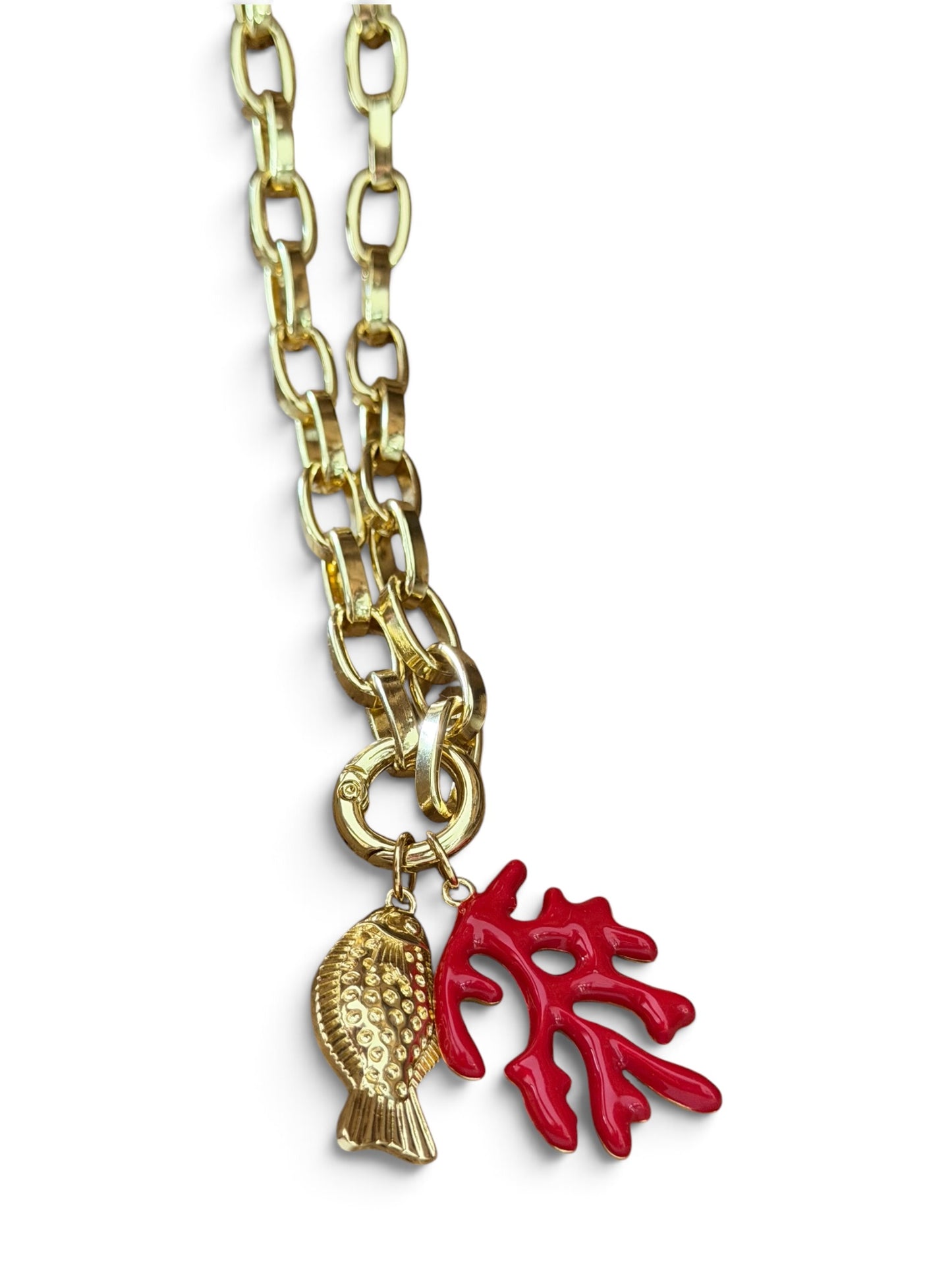 Coastal Charm Necklace | 18K Gold Plated Fish & Red Coral Pendant Necklace | Tarnish Resistant Ocean Jewelry | Beach Vacation Gift for Her