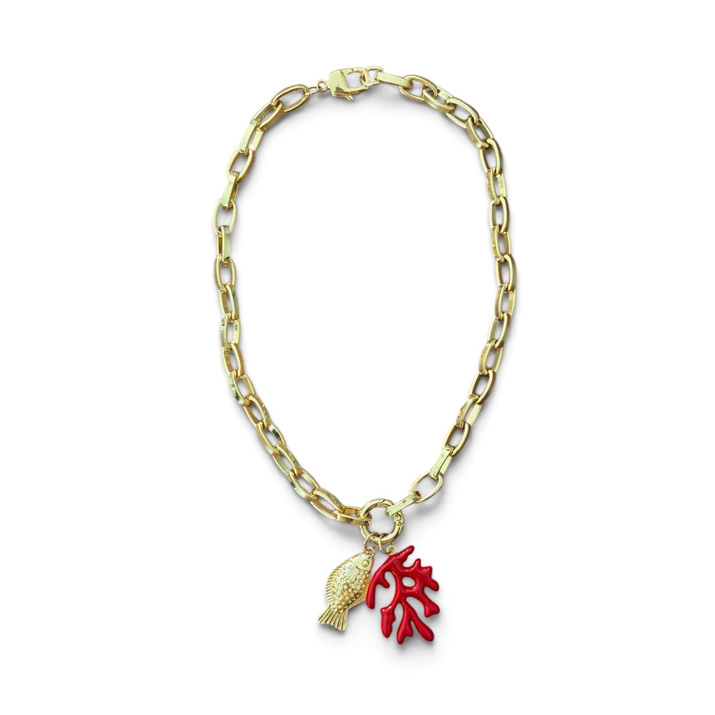 Coastal Charm Necklace | 18K Gold Plated Fish & Red Coral Pendant Necklace | Tarnish Resistant Ocean Jewelry | Beach Vacation Gift for Her
