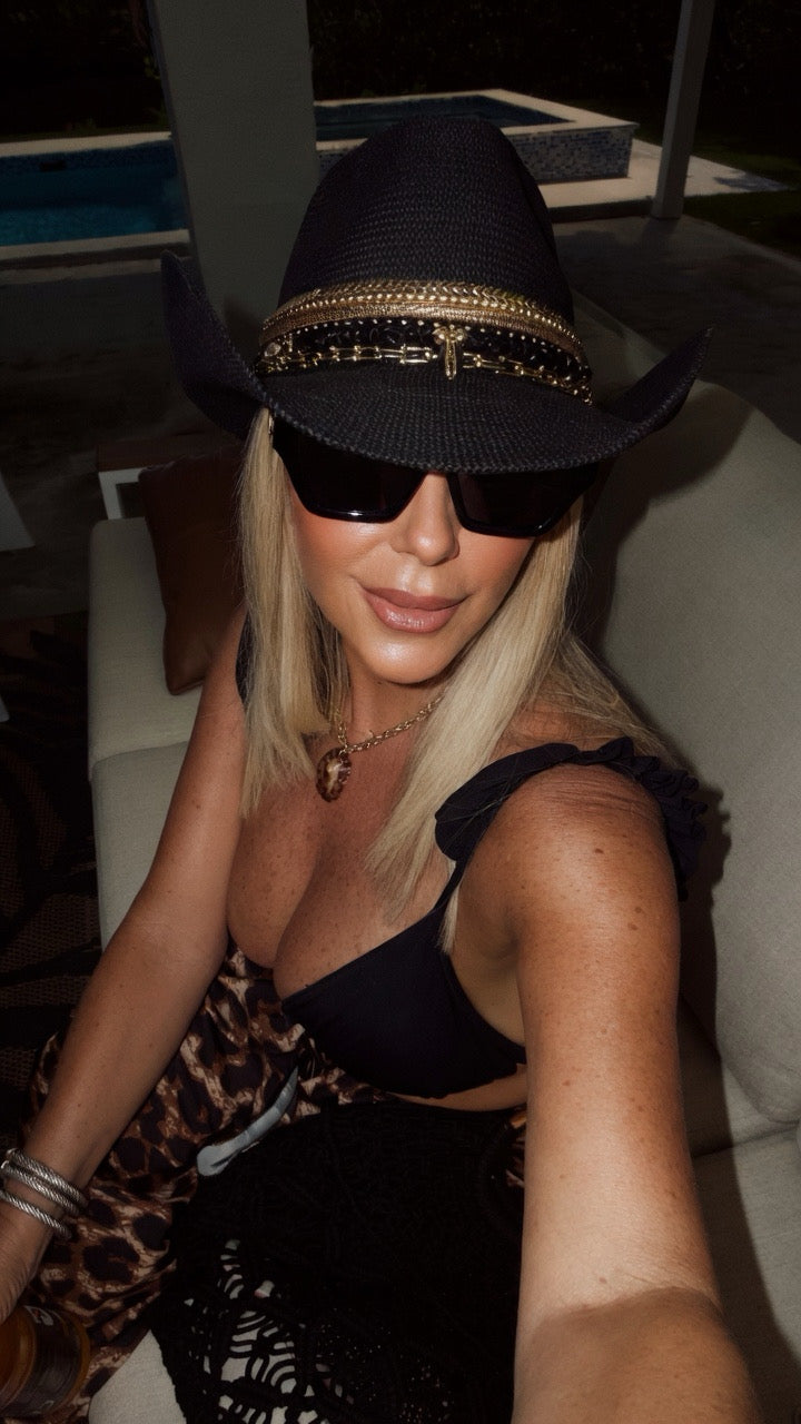 Black Festival Wear Straw Western Hat Coastal Chic Glam Jeweled Hat Gold & Shell Designer Beaded Beach Hat for Upscale Vacations