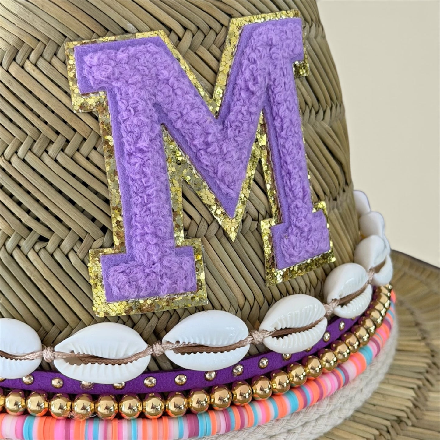 Personalized Straw Youth Baby Sun Hat with Initial Custom Kids Beaded Beach Lifeguard Hat with Chenille Letter Patch and Shells Birthday Gift for Toddler