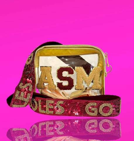 Game day bag Garnet and Gold purse strap Clear game day purse Chop On beaded strap Sequin crossbody strap Tally Outfit essential Custom bag