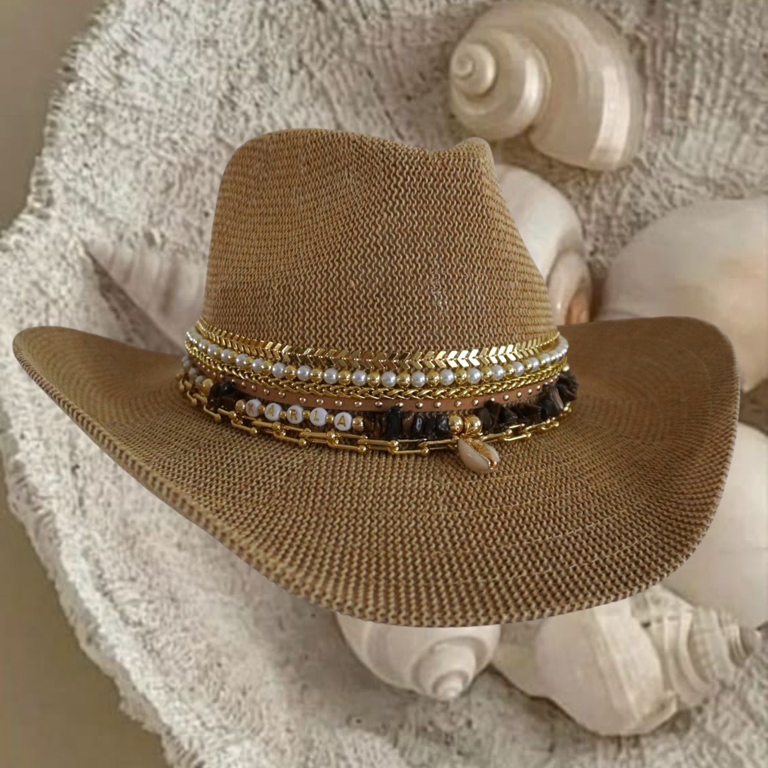 Beach hat Jeweled Cowboy hat Island Lux Coastal Cowgirl Summer Straw Cowgirl hat Custom Shell Resort Wear Tropical Vacation Accessory Glam