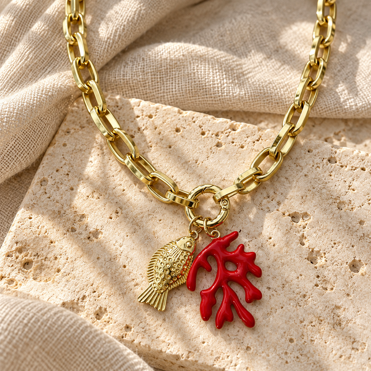 Gold-plated fish and red coral pendant necklace by Sunkissed by Chrissy, photo 1