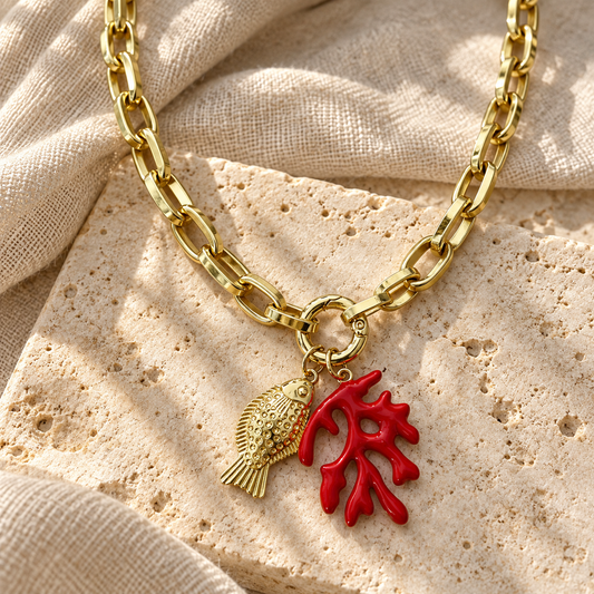 Gold-plated fish and red coral pendant necklace by Sunkissed by Chrissy, photo 1