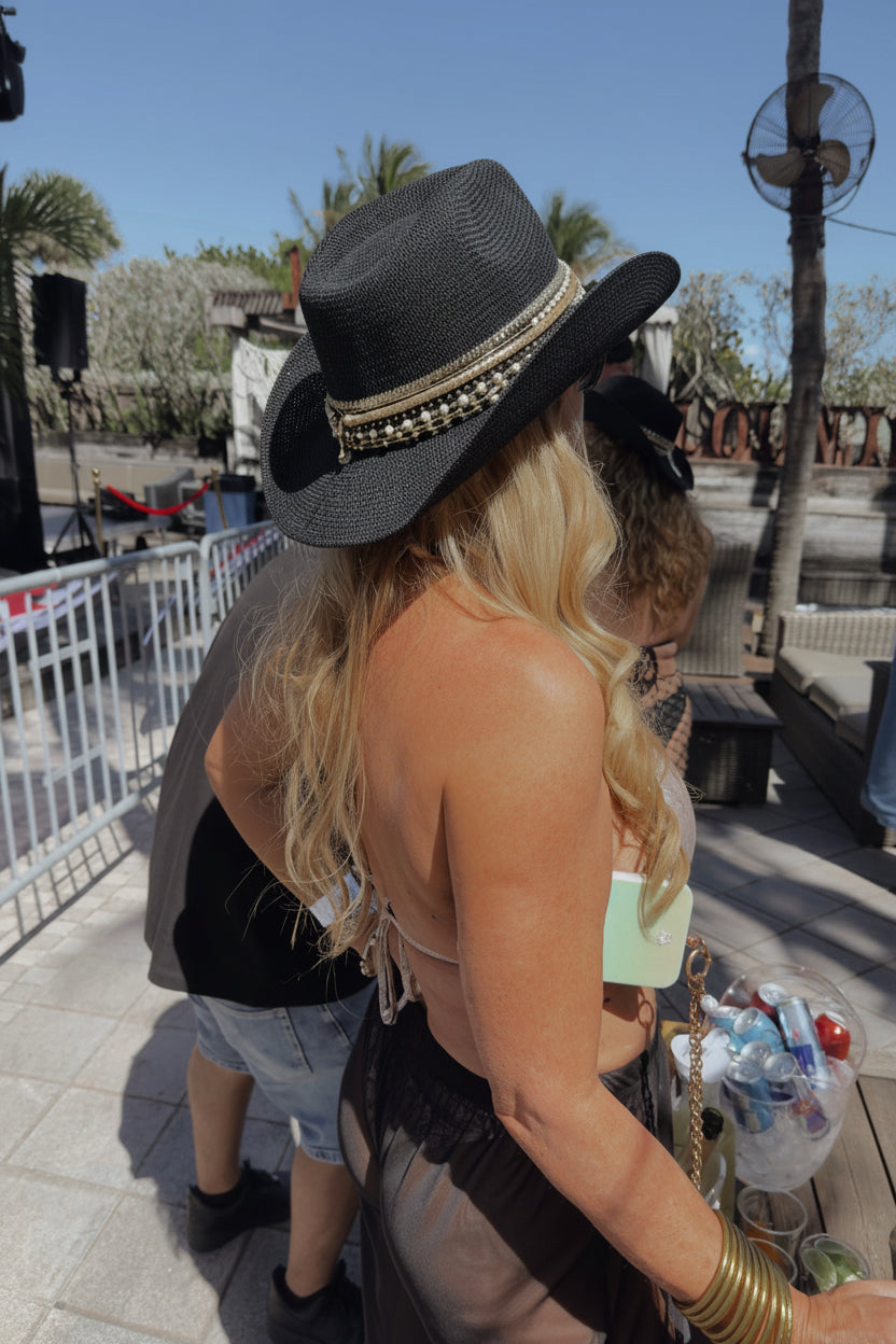 Black Festival Straw Western Hat Coastal Cowgirl Glam Jeweled Hat Gold & Shell Designer Beaded Beach Hat for Upscale Vacations