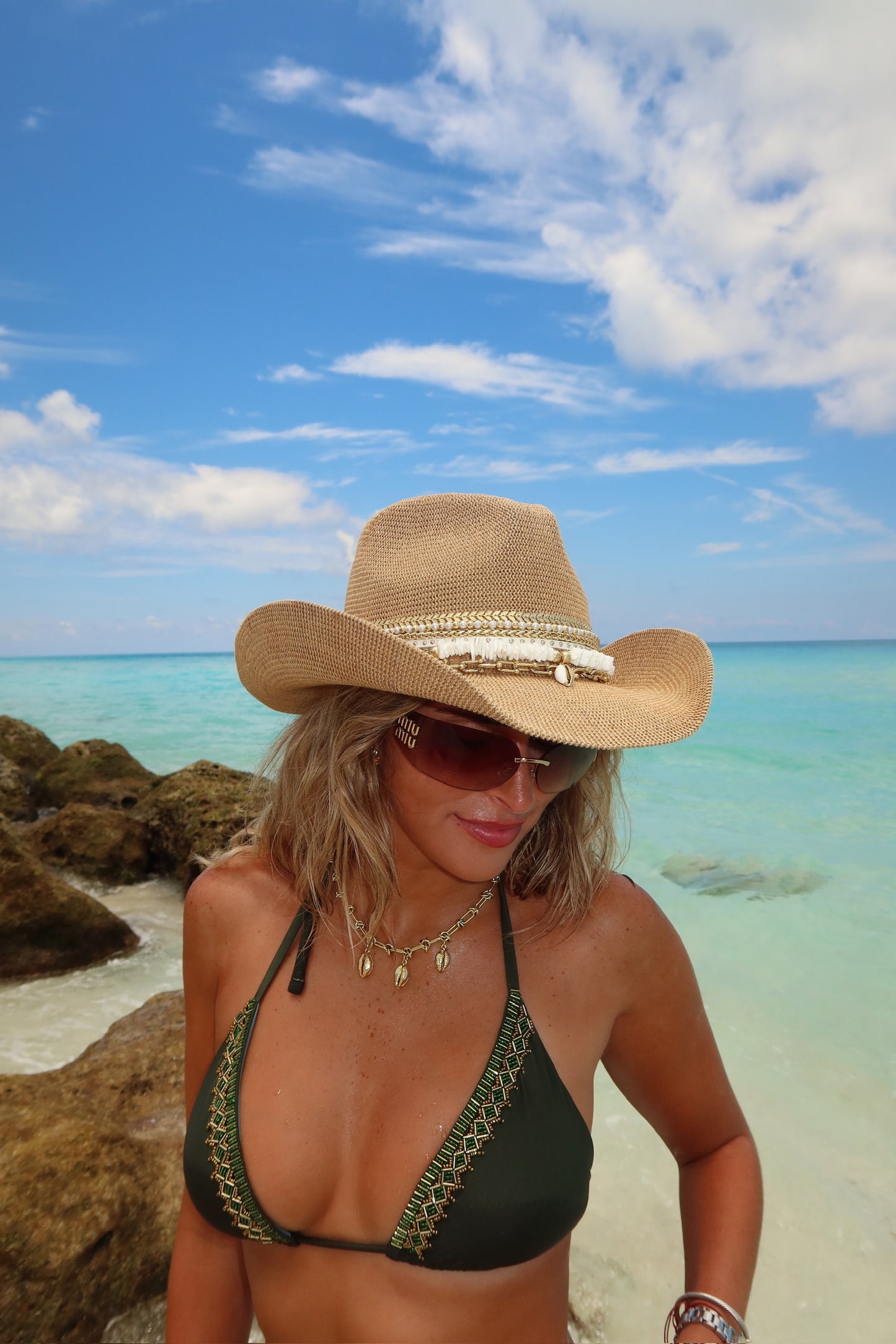 Beaded Cowboy hat Island Luxe straw cowgirl hat with shells and jewelry Beach Vacation Resort wear Bachelorette Chic Tropical Vacation Yacht hat