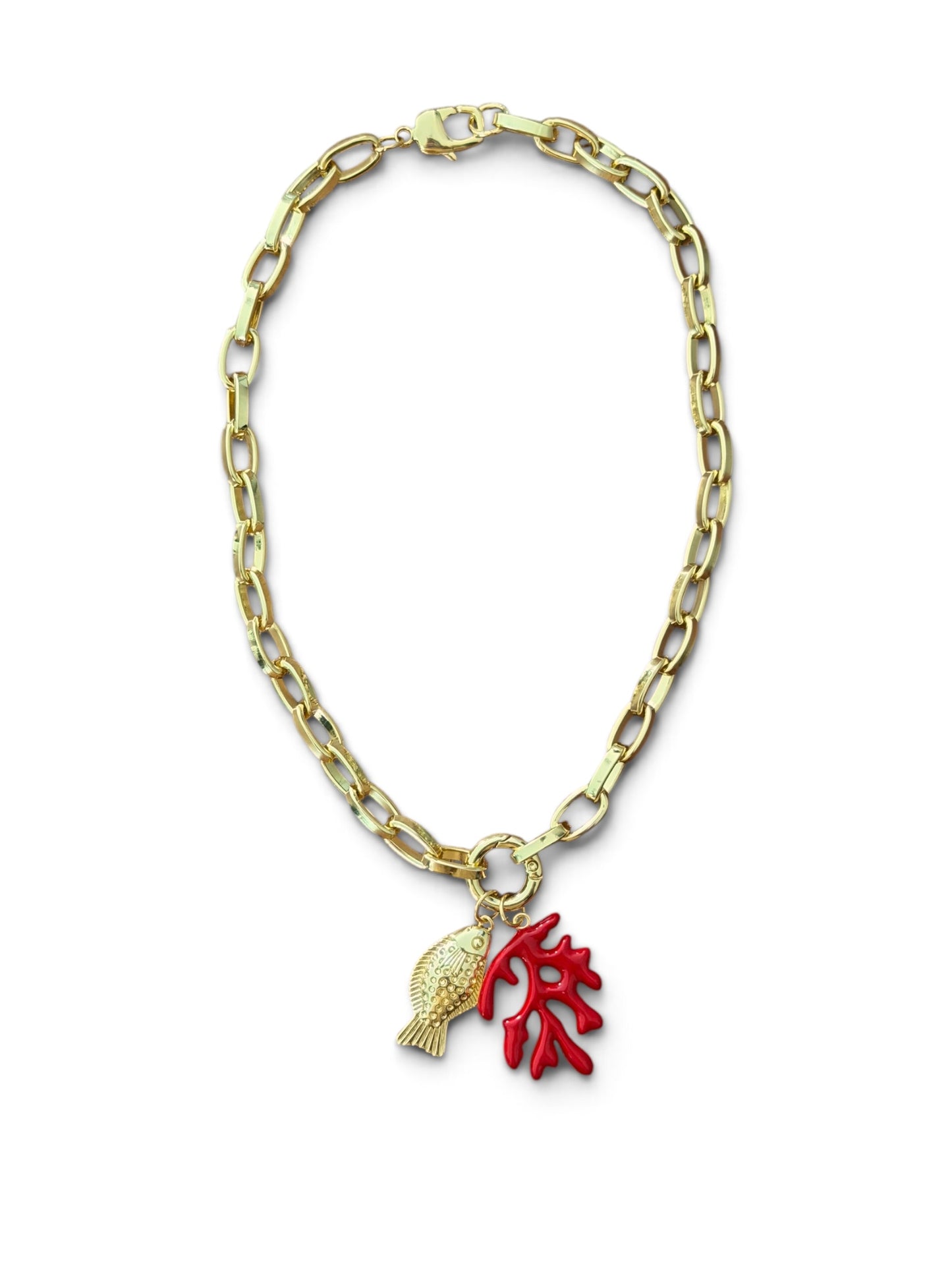 Coastal Charm Necklace | 18K Gold Plated Fish & Red Coral Pendant Necklace | Tarnish Resistant Ocean Jewelry | Beach Vacation Gift for Her