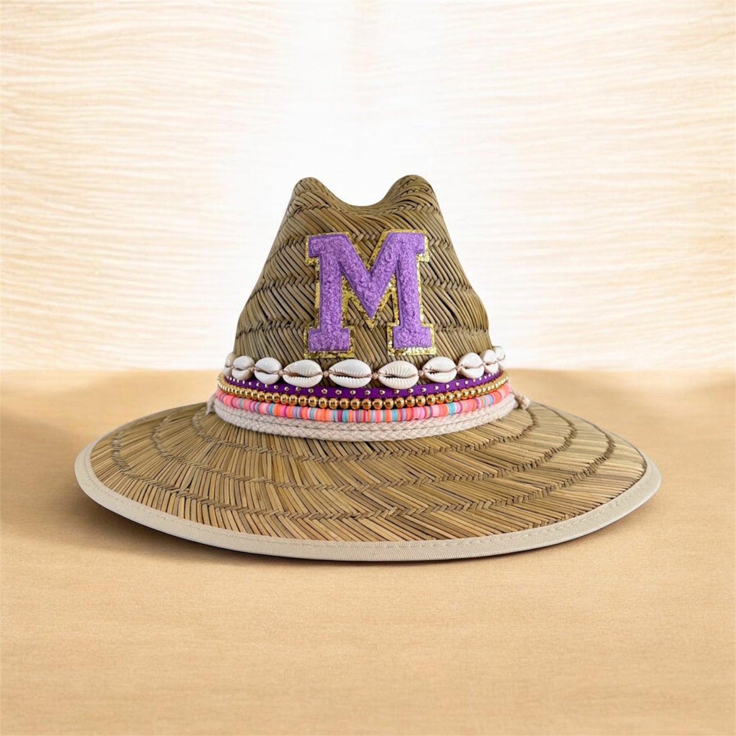 Personalized Straw Youth Baby Sun Hat with Initial Custom Kids Beaded Beach Lifeguard Hat with Chenille Letter Patch and Shells Birthday Gift for Toddler
