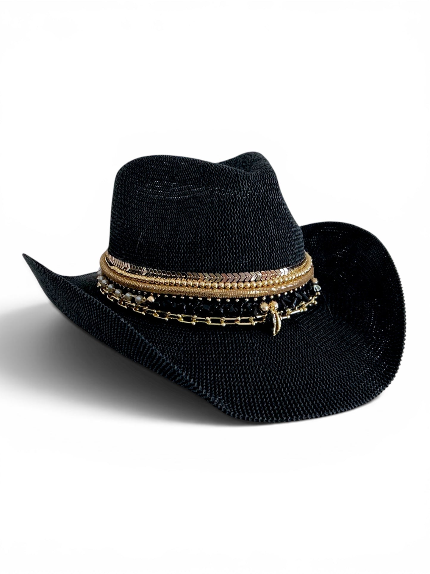 Black Festival Straw Western Hat Coastal Cowgirl Glam Jeweled Hat Gold & Shell Designer Beaded Beach Hat for Upscale Vacations