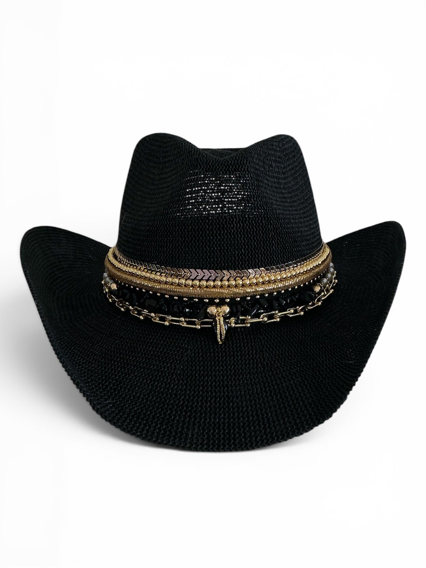 Black Festival Straw Western Hat Coastal Cowgirl Glam Jeweled Hat Gold & Shell Designer Beaded Beach Hat for Upscale Vacations