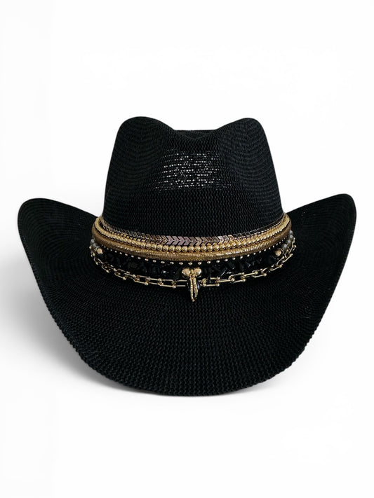 Black Festival Straw Western Hat Coastal Cowgirl Glam Jeweled Hat Gold & Shell Designer Beaded Beach Hat for Upscale Vacations