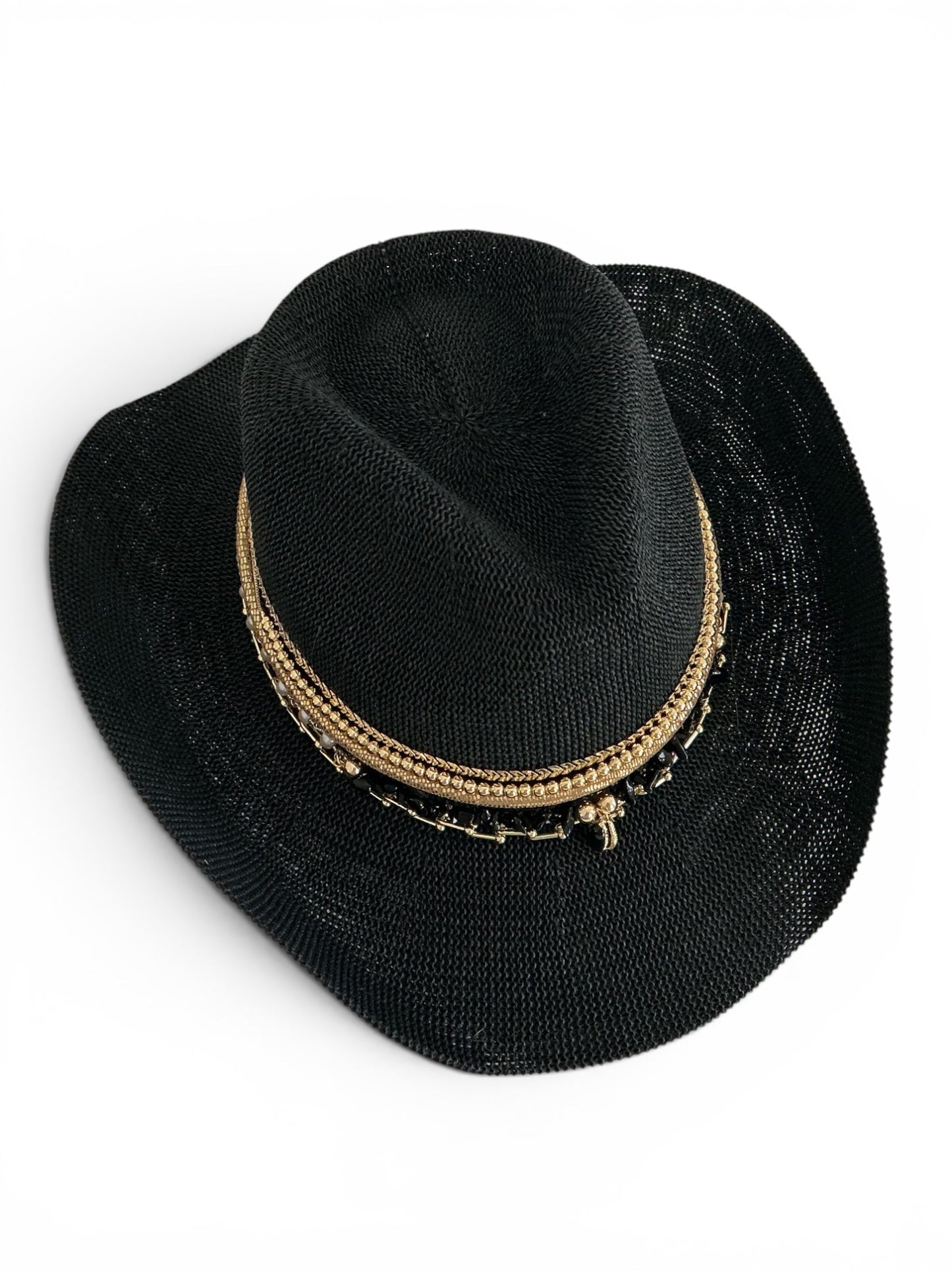 Black Festival Straw Western Hat Coastal Cowgirl Glam Jeweled Hat Gold & Shell Designer Beaded Beach Hat for Upscale Vacations