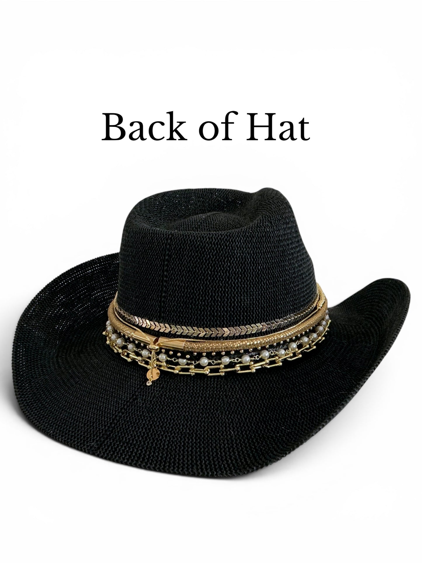 Black Festival Straw Western Hat Coastal Cowgirl Glam Jeweled Hat Gold & Shell Designer Beaded Beach Hat for Upscale Vacations