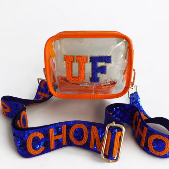 Sunkissed by Chrissy UF Game Day crossbody bag with beaded strap, featuring a stylish design and compact size for fans.