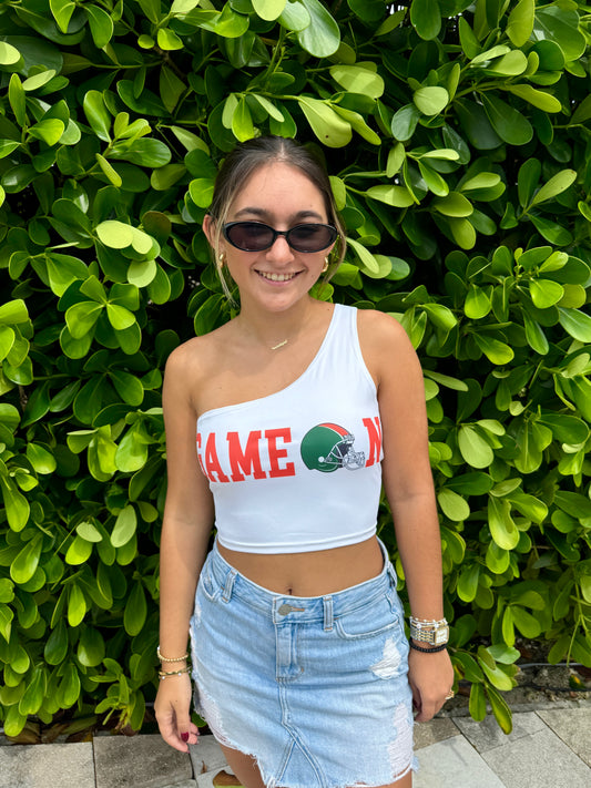 U Miami "Game On" One Shoulder Top