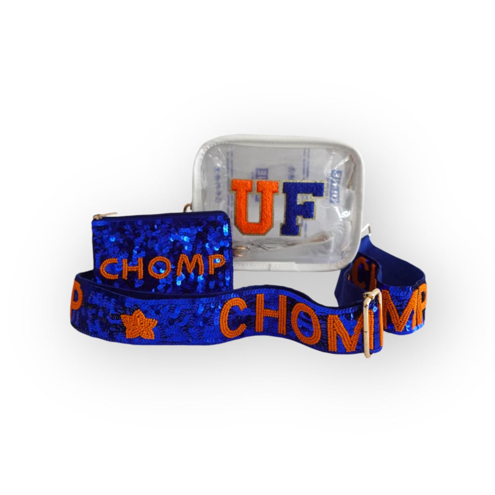 Sunkissed by Chrissy UF Game Day crossbody bag with beaded strap, featuring a stylish design and compact size.