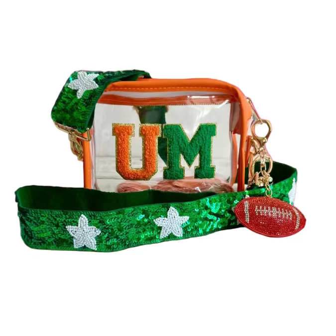 University of Miami Hurricanes clear stadium bag with orange and green accents, stadium approved game day purse by Sunkissed by Chrissy.