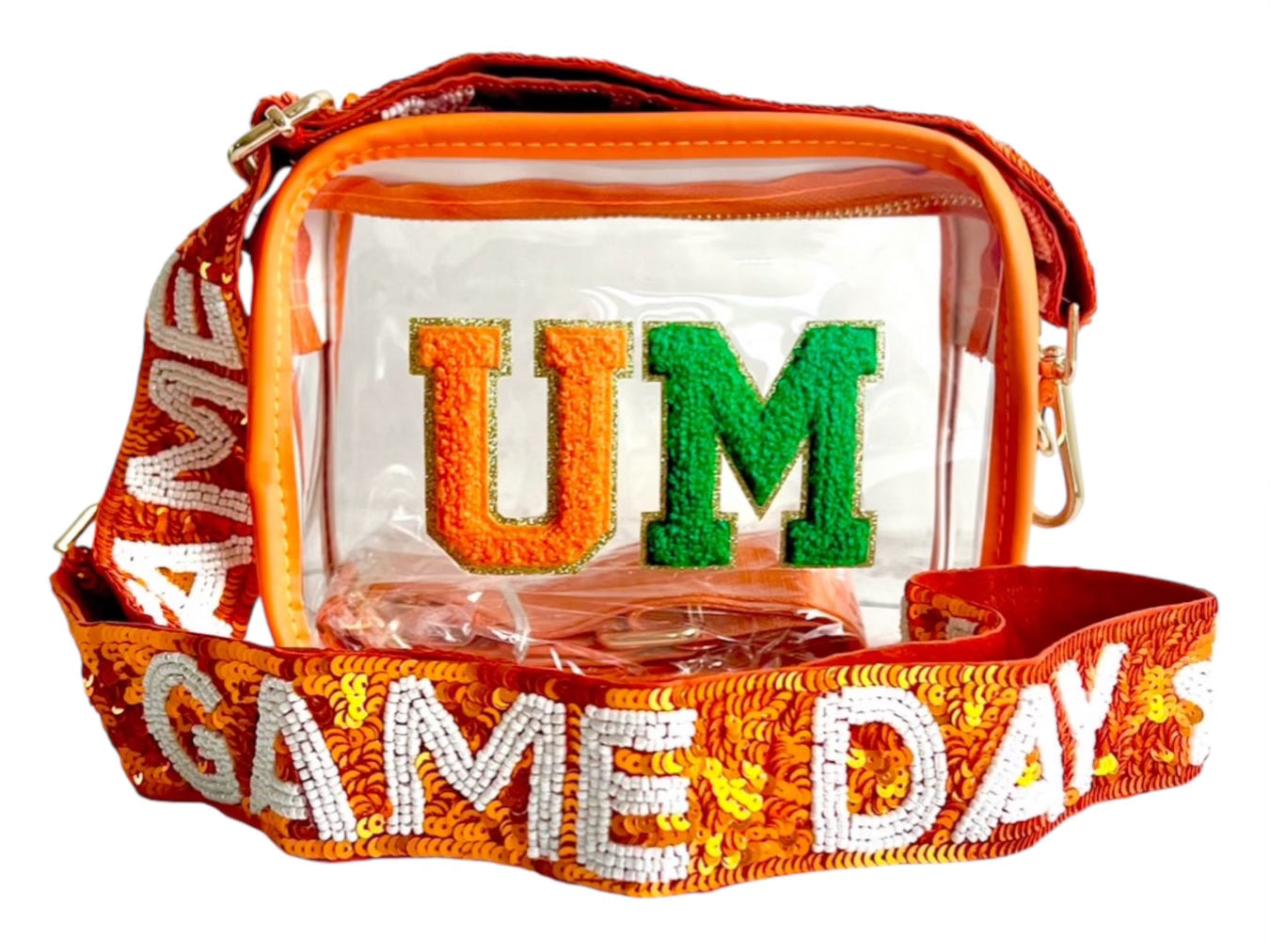 Clear stadium bag with orange and green accents, University of Miami Hurricanes logo, Sunkissed by Chrissy branding, stadium approved.