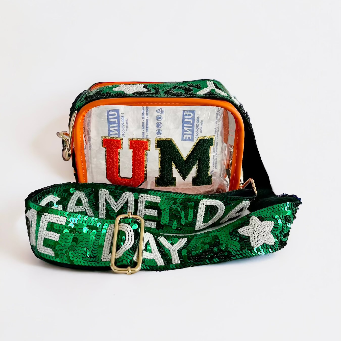 Clear stadium bag with orange and green University of Miami Hurricanes design, stadium approved, by Sunkissed by Chrissy.