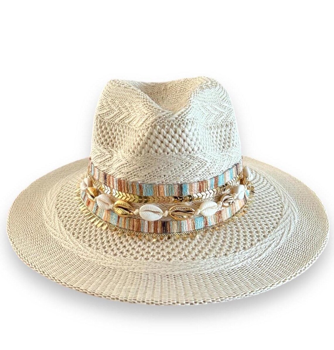 Fedora for women Flat brim hat Knit fedora Custom Fedora Embellished Panama hat Jeweled Panama hat Beach hat Cowrie shell hat Resort wear